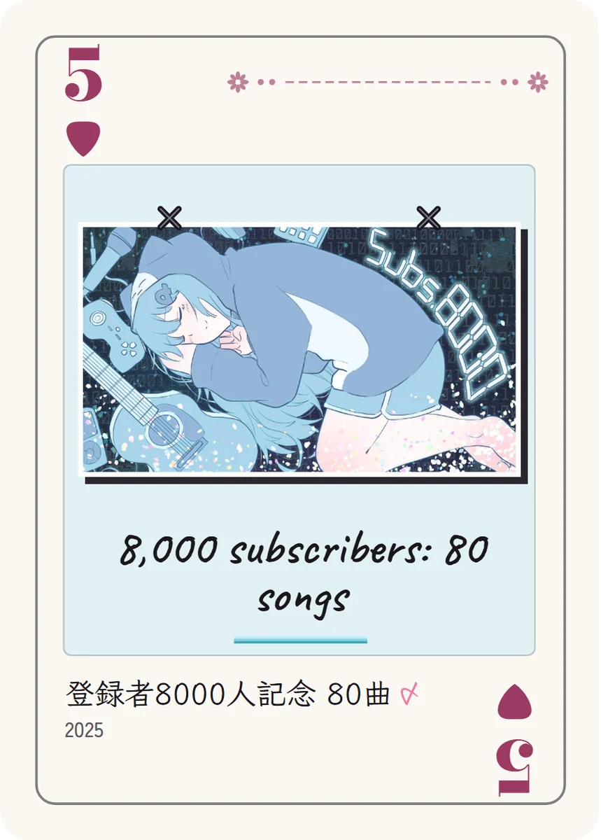 ピックの5: ギターのそばで青いパーカーのめめが横になって眠っている。「Subs 8000」の文字。
