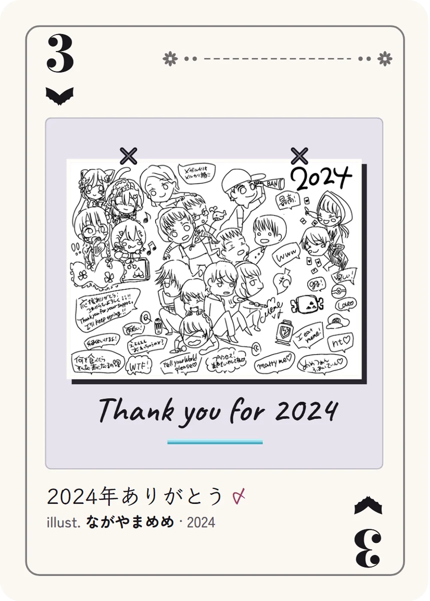 こうもり羽の3: 2024年の思い出を、たくさんの人物と吹き出しで一枚に描き込んだペン画。めめが自分で描いた。