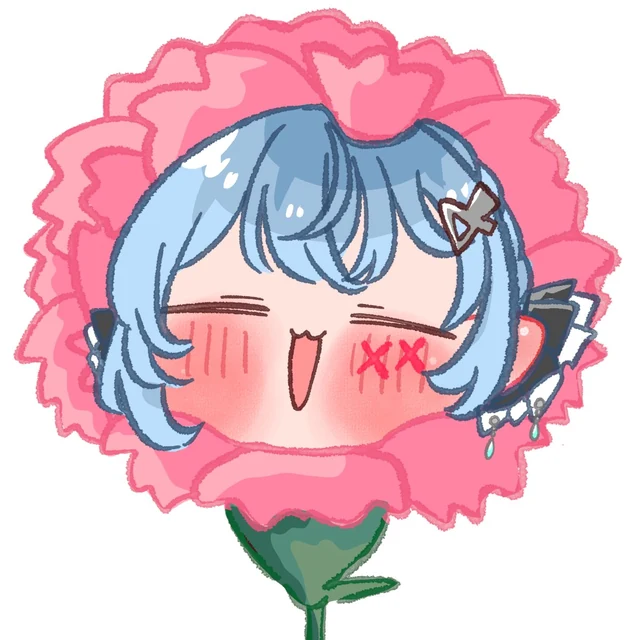 ピンクのカーネーションの花の中から顔を出して笑うちびめめ。