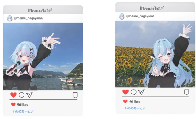 湖と向日葵畑を背景に手を振る、投稿風の枠に入った二枚のめめ。