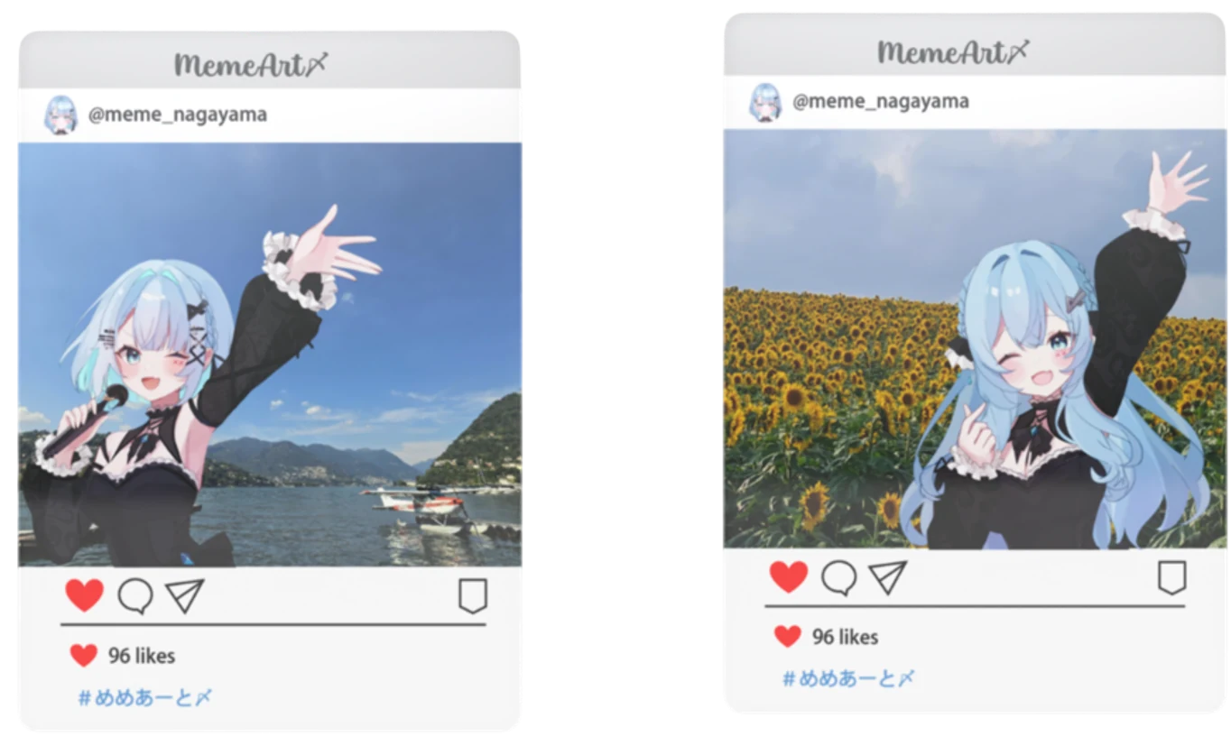 湖と向日葵畑を背景に手を振る、投稿風の枠に入った二枚のめめ。