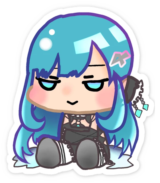 体育座りでじとっとこちらを見る、青い髪のちびキャラのめめ。