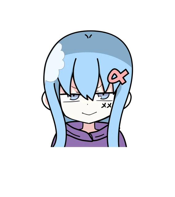 ばってんクリップをつけた水色の髪のちびめめが、目を細めてにやりと笑う顔。