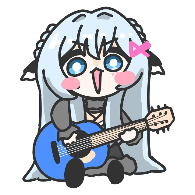 青いギターを抱えて口を大きく開けて歌う、黒いドレスのちびめめ。