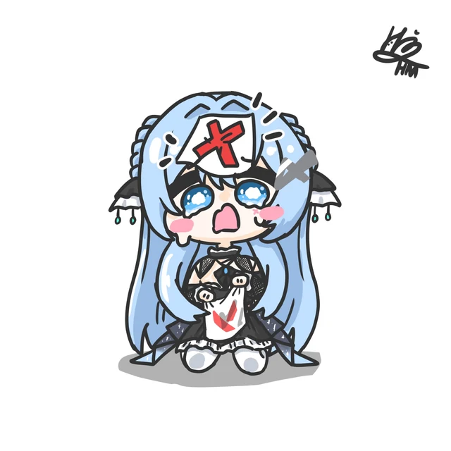 顔に大きな赤いばってんをつけたちびめめが、ぬいぐるみを抱えて驚いている。