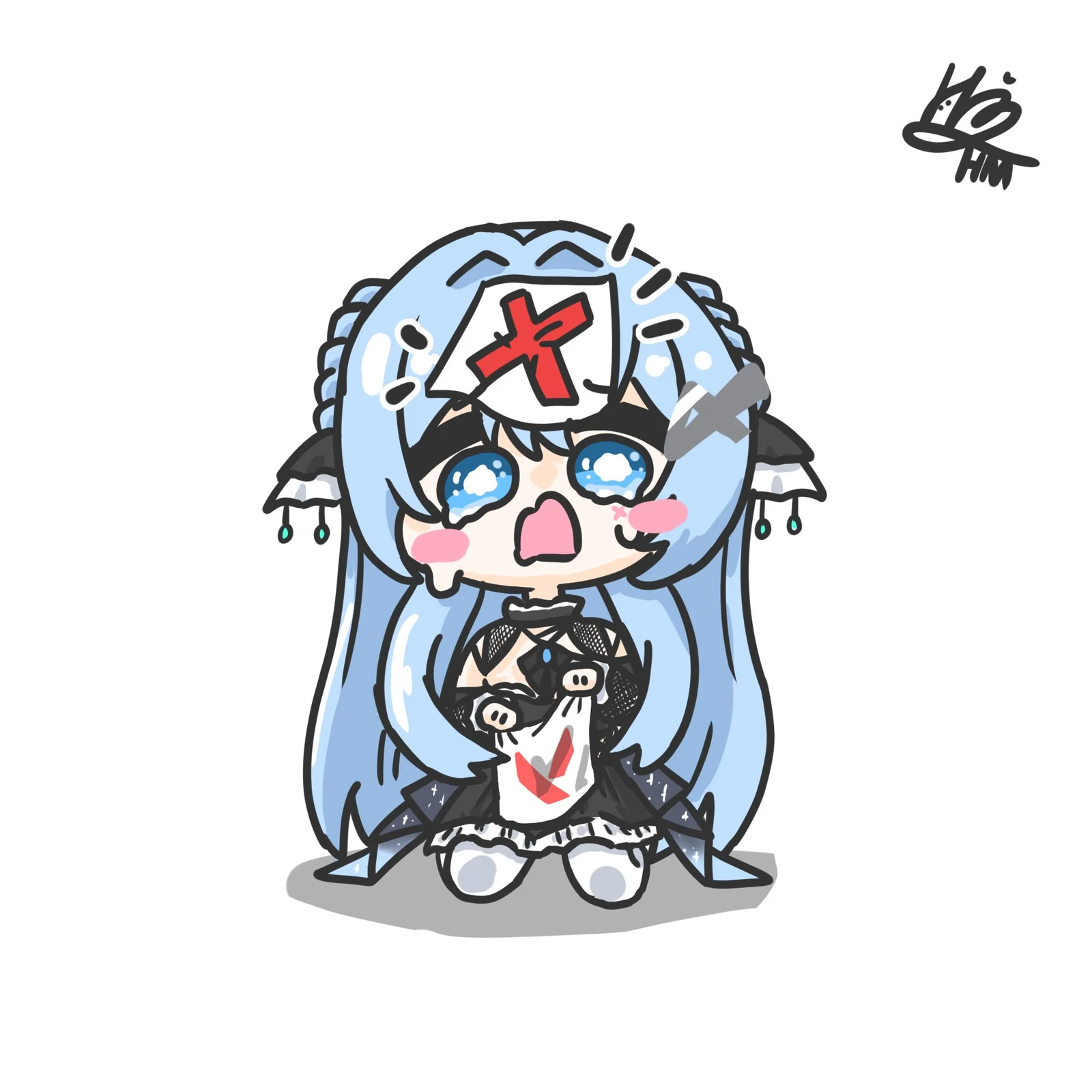 顔に大きな赤いばってんをつけたちびめめが、ぬいぐるみを抱えて驚いている。