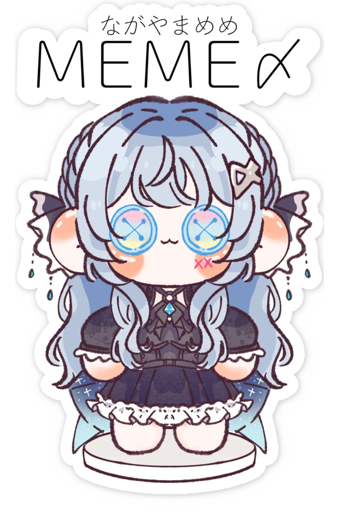 MEME〆 のロゴの下でぐるぐる目をしたちびキャラのめめ。