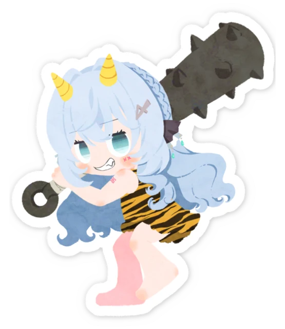 黄色い角とトラ柄の衣装で金棒をかつぐ、節分のちびキャラのめめ。