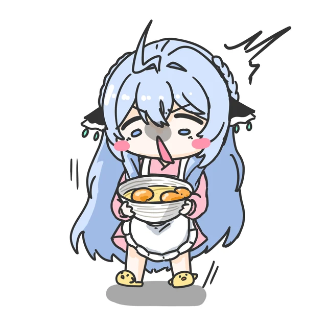 どんぶりを抱えたちびめめが、目をぎゅっとつぶって麺をすすっている。