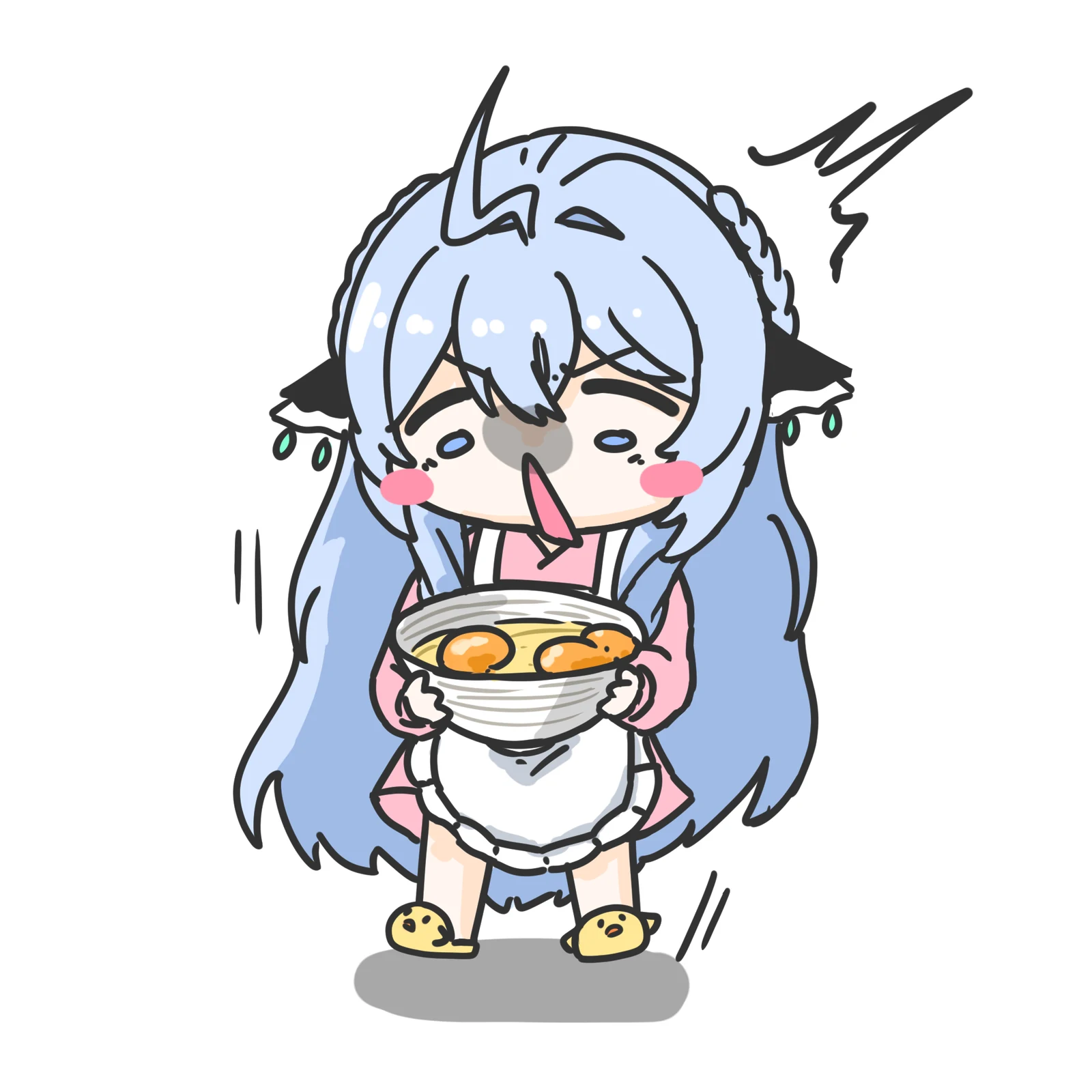 どんぶりを抱えたちびめめが、目をぎゅっとつぶって麺をすすっている。