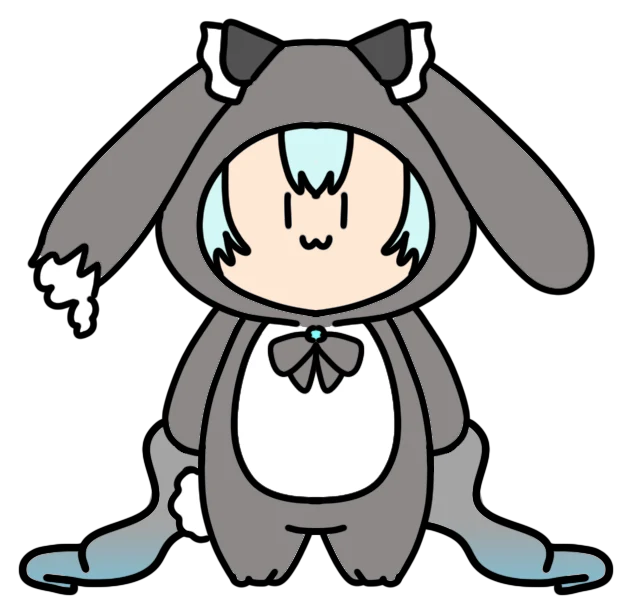 灰色の動物の着ぐるみを着て、すました顔で立つちびめめ。