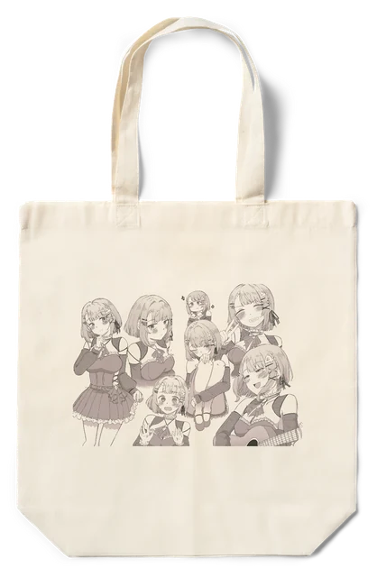生成りのトートバッグに描かれた、ショートヘアのめめたちの線画。