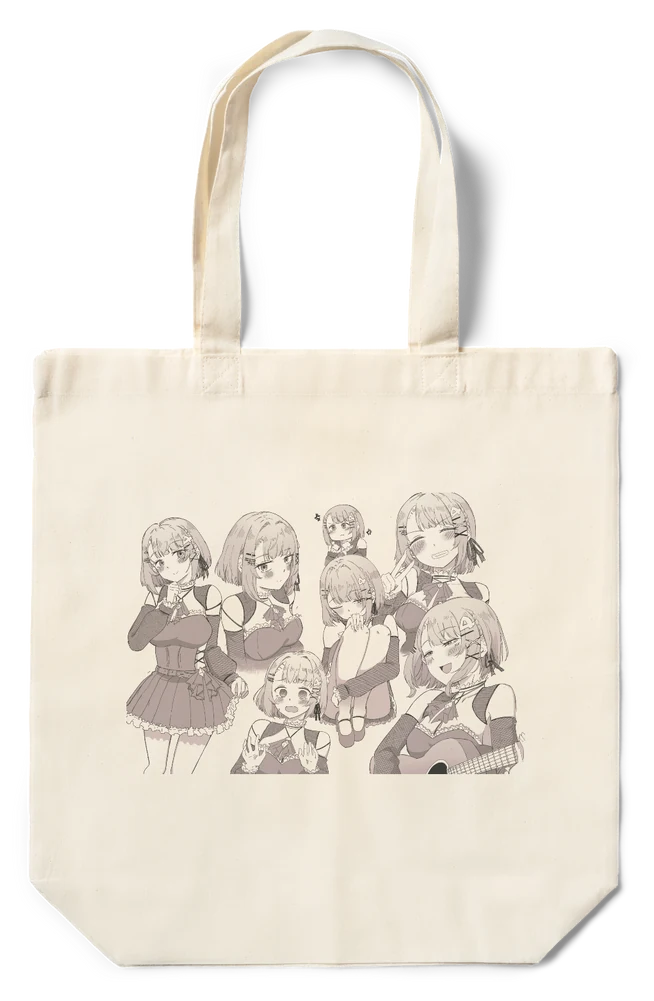 生成りのトートバッグに描かれた、ショートヘアのめめたちの線画。