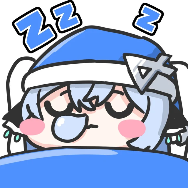 青いナイトキャップをかぶって「ZZZ」と眠るめめのスタンプ。