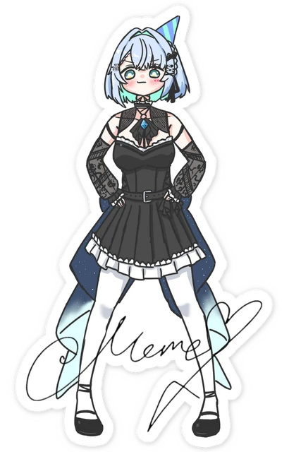 黒いレースの衣装で腰に手を当てて立つ全身のめめ。足元に Meme〆 のサイン。