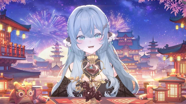 夜空の花火と灯籠の街を背に、黒いドレスのめめが笑っている。