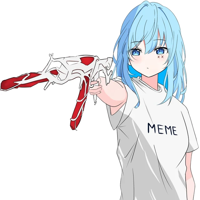 「MEME」と書かれた白いTシャツの水色の髪のめめが、赤と白の大きな武器をこちらへ向けている。