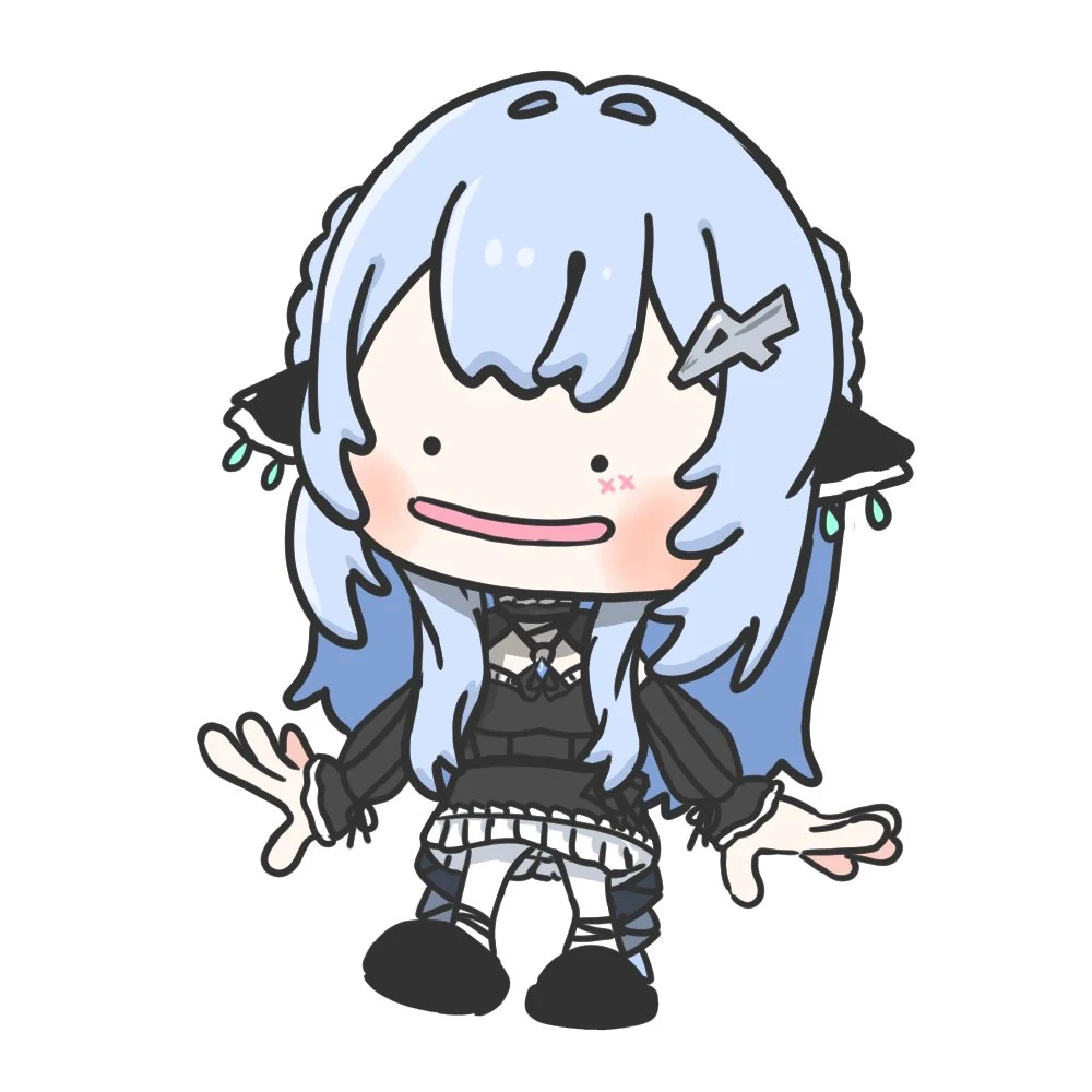 黒いドレスのちびめめが、口をまっすぐ結んで両手を広げて立っている。