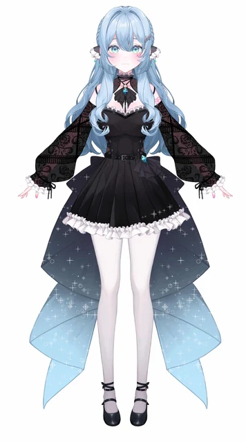黒いゴシックドレスの裾が水色に透けていく、新しいめめの全身。ハートの髪飾りとこうもり羽。