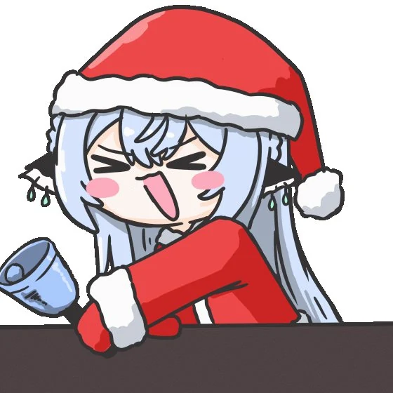 サンタ帽と赤い服のちびめめが、ベルを鳴らしながら目をぎゅっとつぶって笑う。