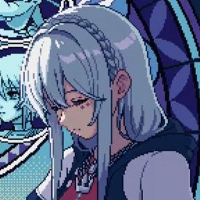 ステンドグラスの窓を背に、目を伏せたドット絵のめめ。