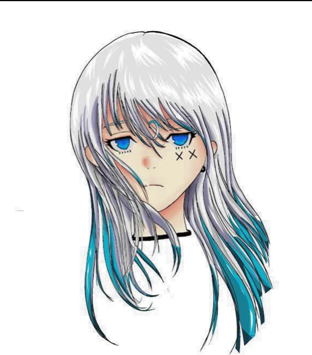白い服に、毛先が水色の銀髪、頬に××の印。めめが「絵の勉強」として自分で描いた一枚。