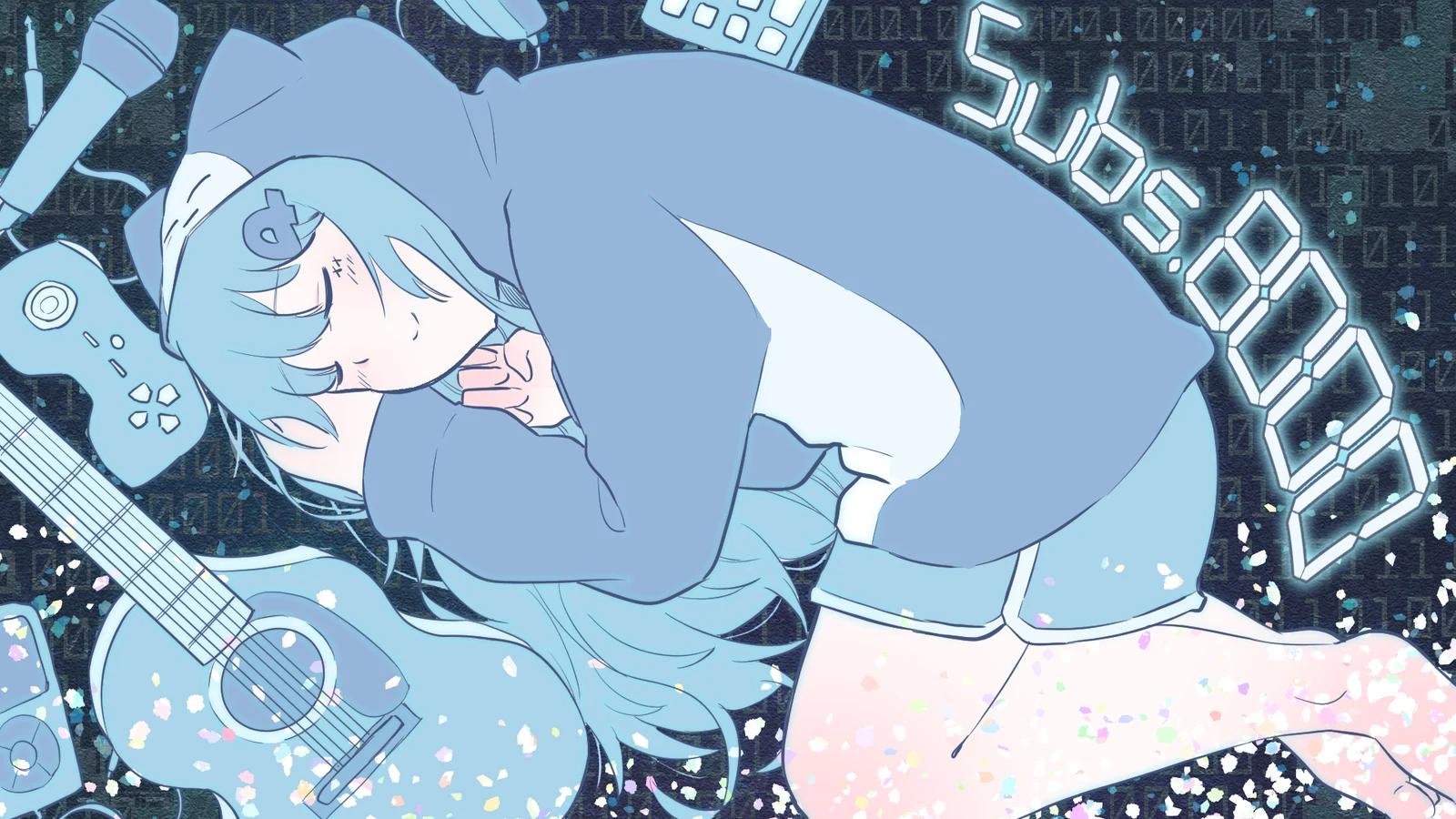 ギターのそばで青いパーカーのめめが横になって眠っている。「Subs 8000」の文字。