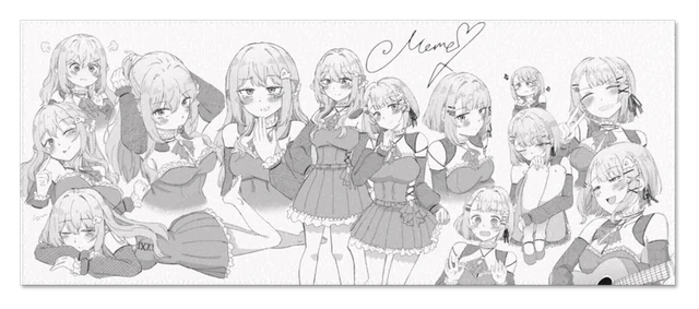 横長のタオルいっぱいに並ぶ、いろいろなポーズのめめたちとサイン。