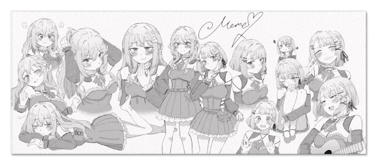 横長のタオルいっぱいに並ぶ、いろいろなポーズのめめたちとサイン。