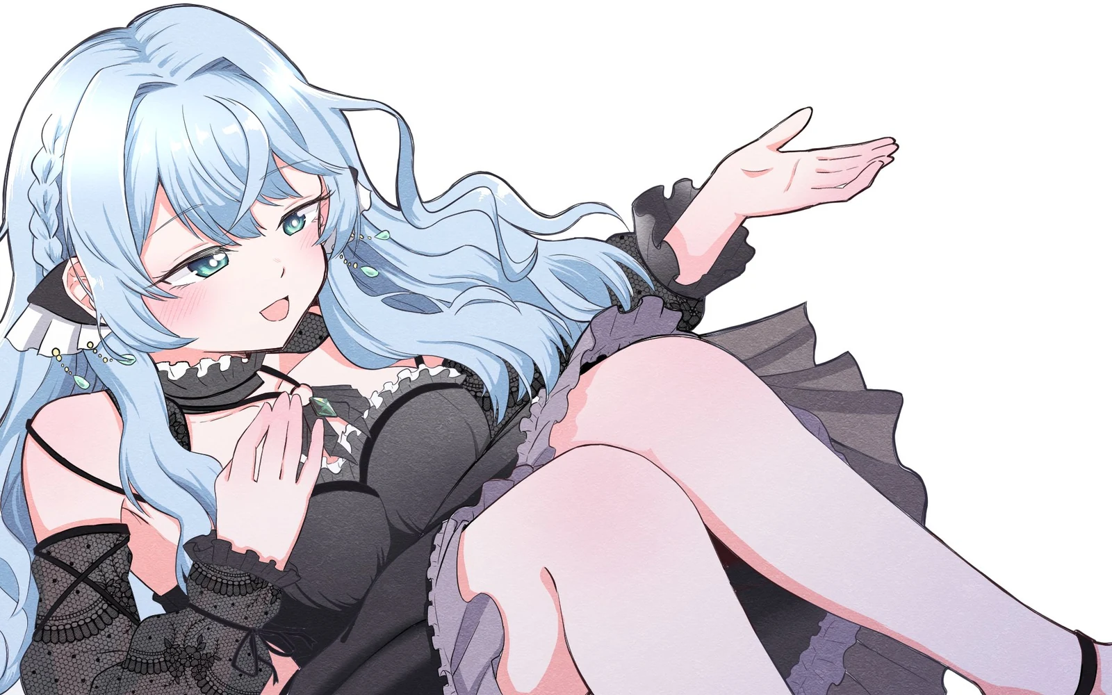 黒いドレスのめめが、魚の泳ぐ青い水の中で横たわり、片手を差し伸べている。