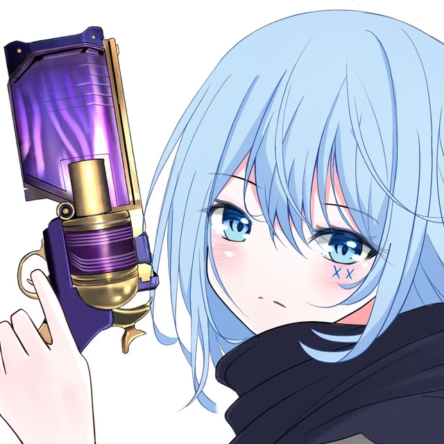 黒いマフラーの水色の髪のめめが、紫と金のゲームの銃を顔の横に構えている。